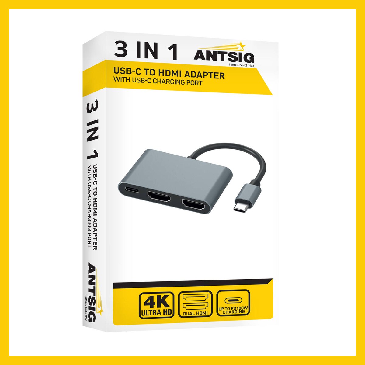 Antsig 3 in 1 USB-C to HDMI Adapter - Dual 4K UHD - Grey - 100W Charging - SuperSaverAU - view 3
