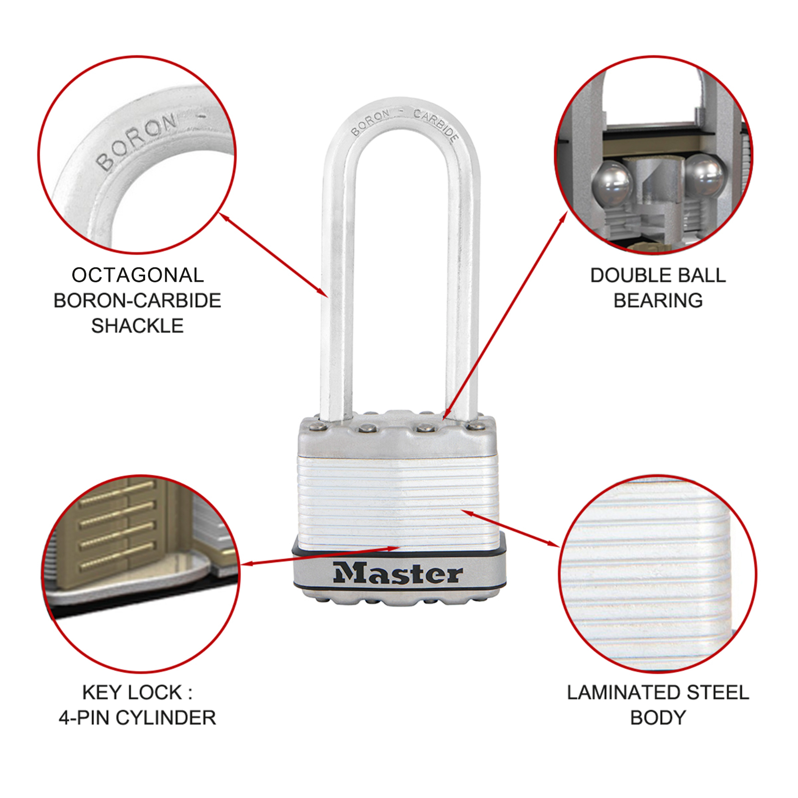 Master Lock 45mm Magnum Laminated Steel Padlock, 64mm Extra Long Shackle - 2 Pack
