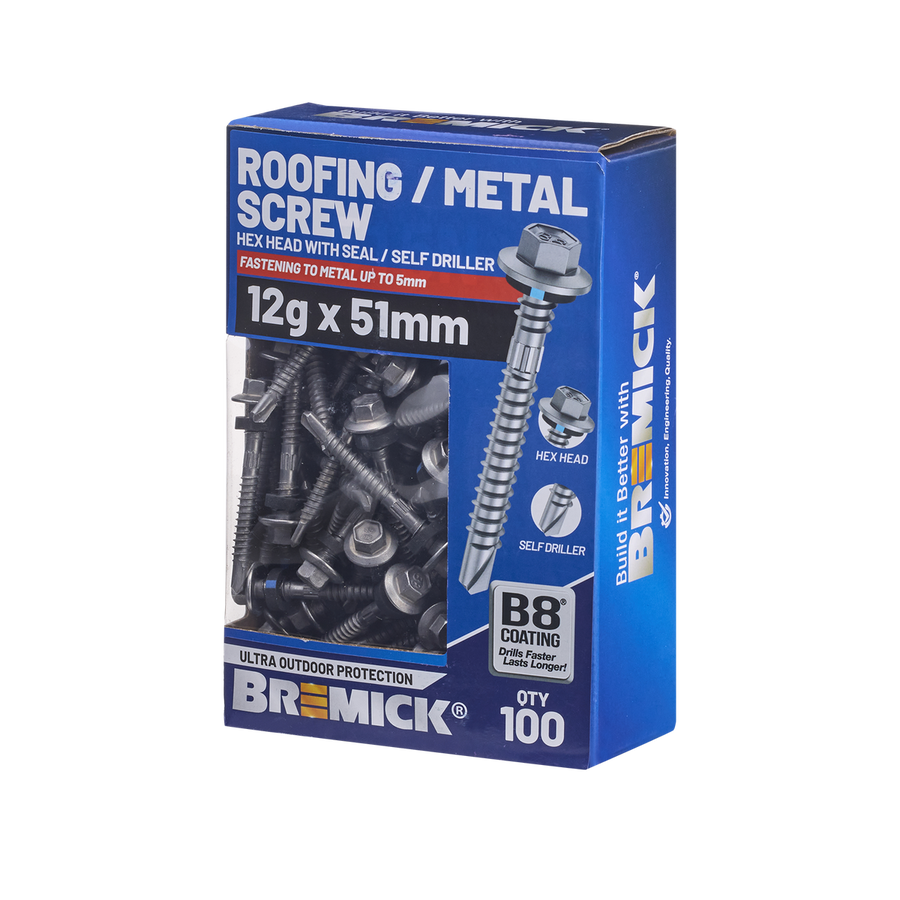 Bremick Hex Roofing Screw 12g x 51mm - Box of 100 - Watertight Seal - Corrosion Resistant - SuperSaverAU - view 1