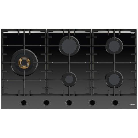 Omega 90cm Natural Gas Cooktop - Black Ceramic Glass, Five Burners, Wok Burner, Brass Burners - OCGG905WB