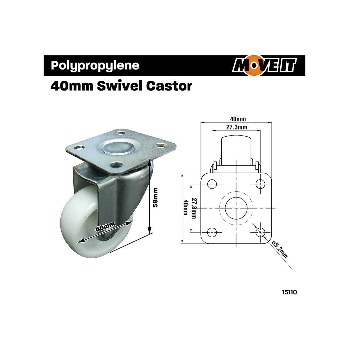 Move It 40mm White Plastic Heavy Duty Swivel Castor 30kg