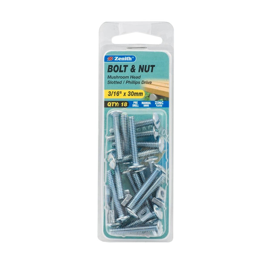 Zenith Mushroom Head Bolt & Nut - 3/16 x 30mm - 18 Pack - Zinc Plated - SuperSaverAU - view 1