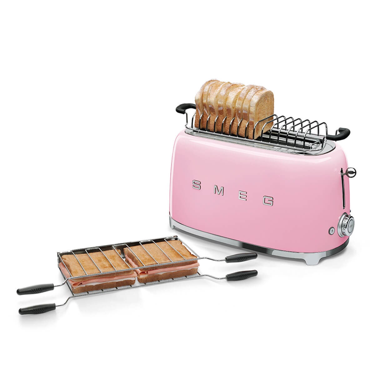 Smeg 50s Retro Style 4 Slice Toaster - Pink, Six Browning Levels, Illuminated Buttons - TSF02PKAU