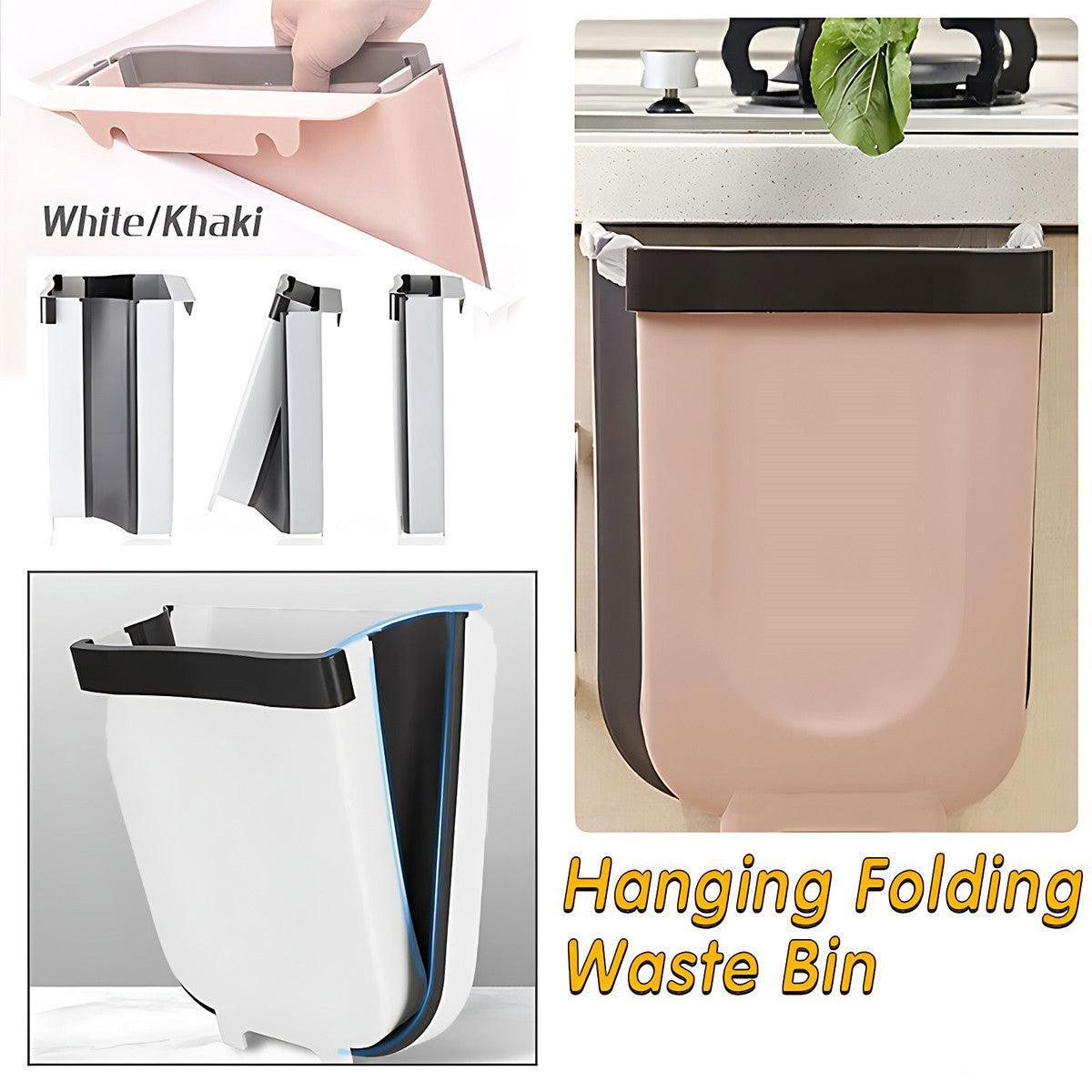 9 Litre Hanging Waste Bin, Wall Mounted Folding Kitchen Cabinet Trash Can - Dusty Pink - view 2