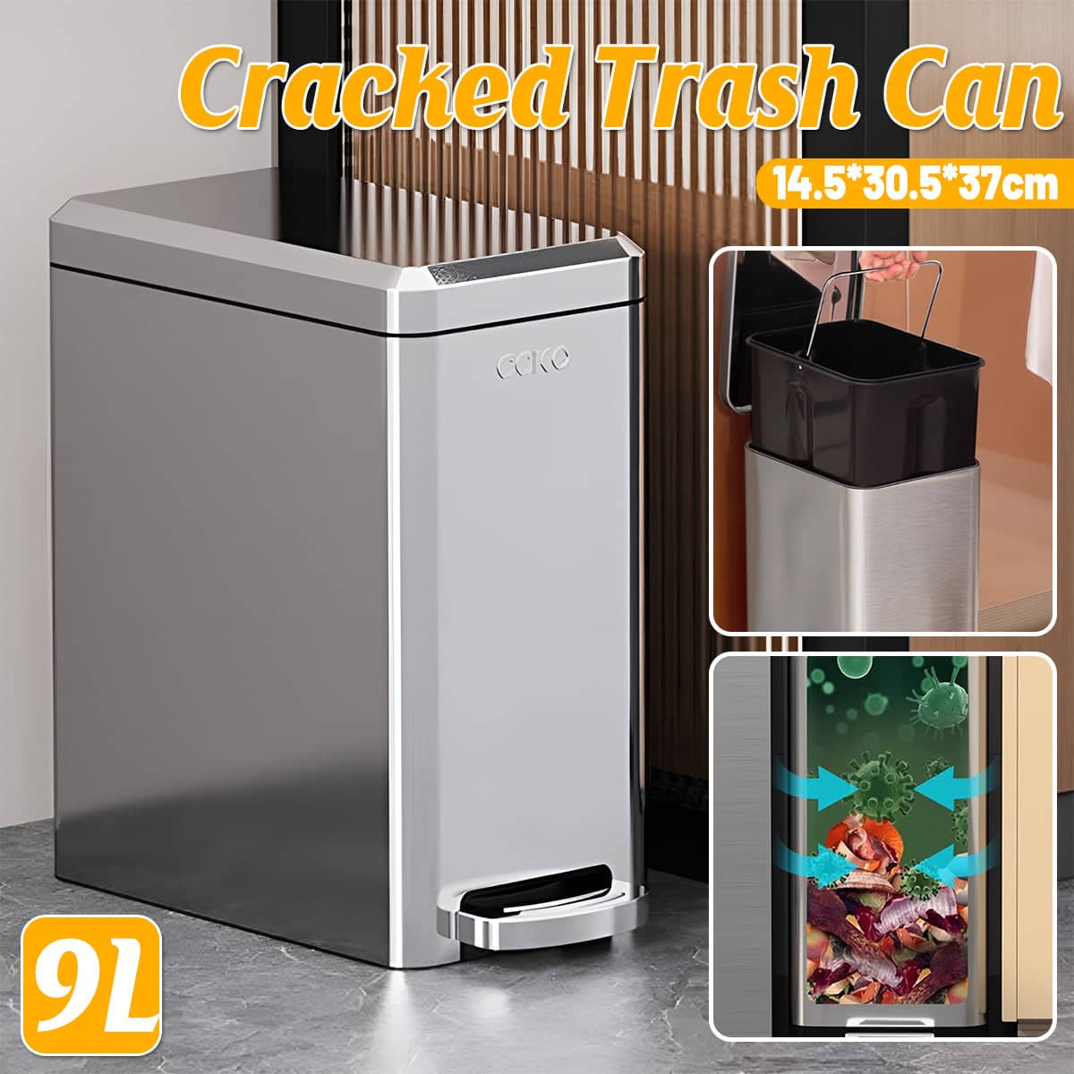 9 Litre Tungsten Steel Pedal Bin with Soft-Close Lid - Black - view 2