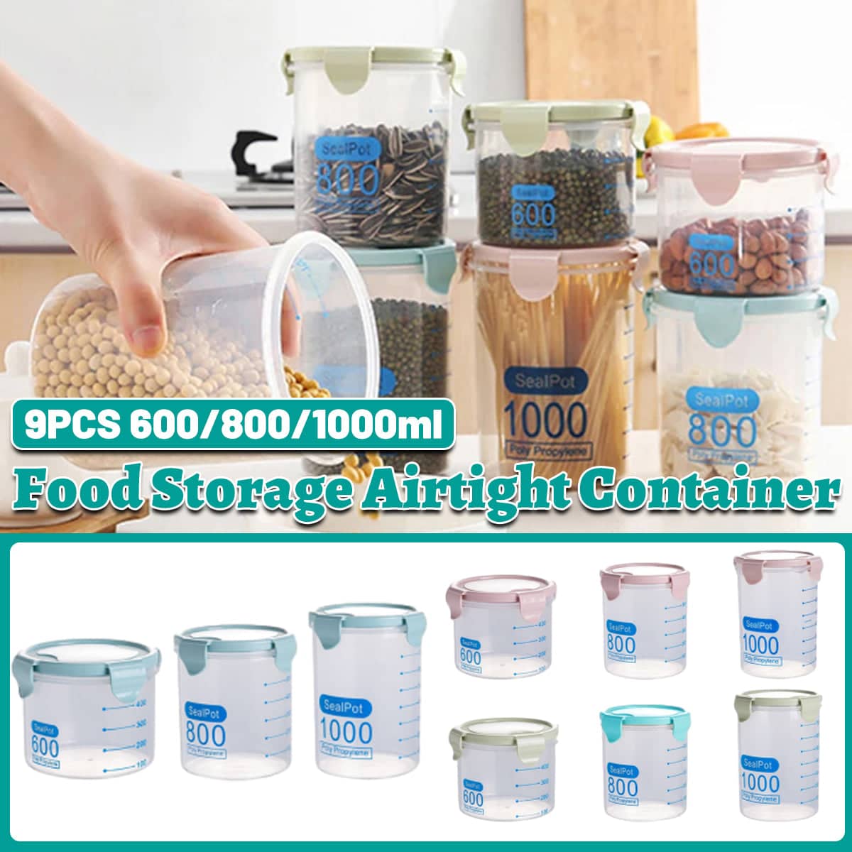 9 Piece Food Storage Container Set with Sealed Lids, 600ml, 800ml and 1000ml Jars