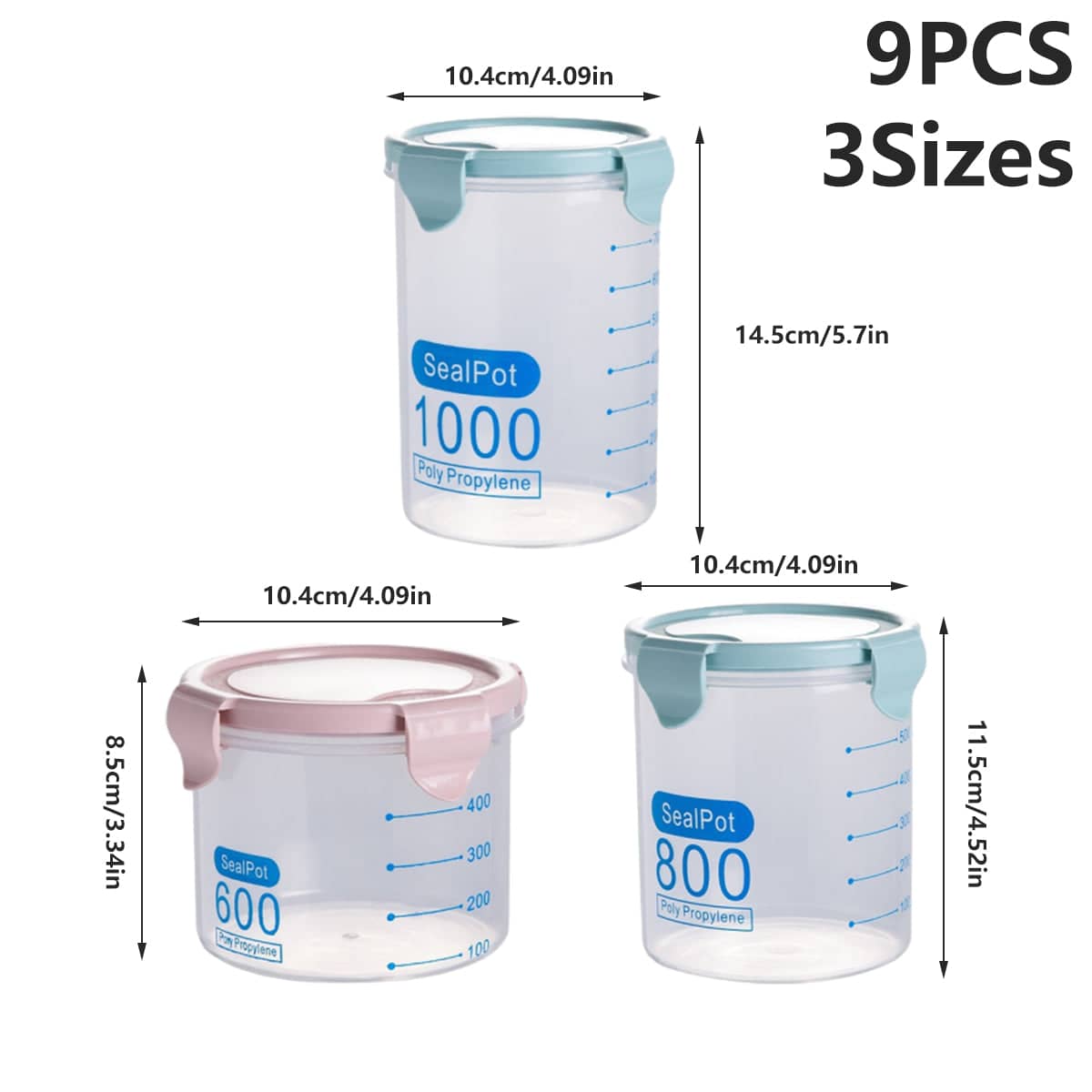 9 Piece Food Storage Container Set with Sealed Lids, 600ml, 800ml and 1000ml Jars - view 3