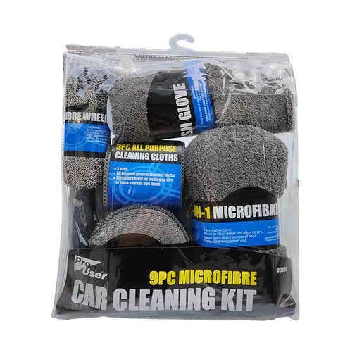 9 Piece Microfibre Car Cleaning Kit with Wash Mitt, Sponge and Brush - Grey