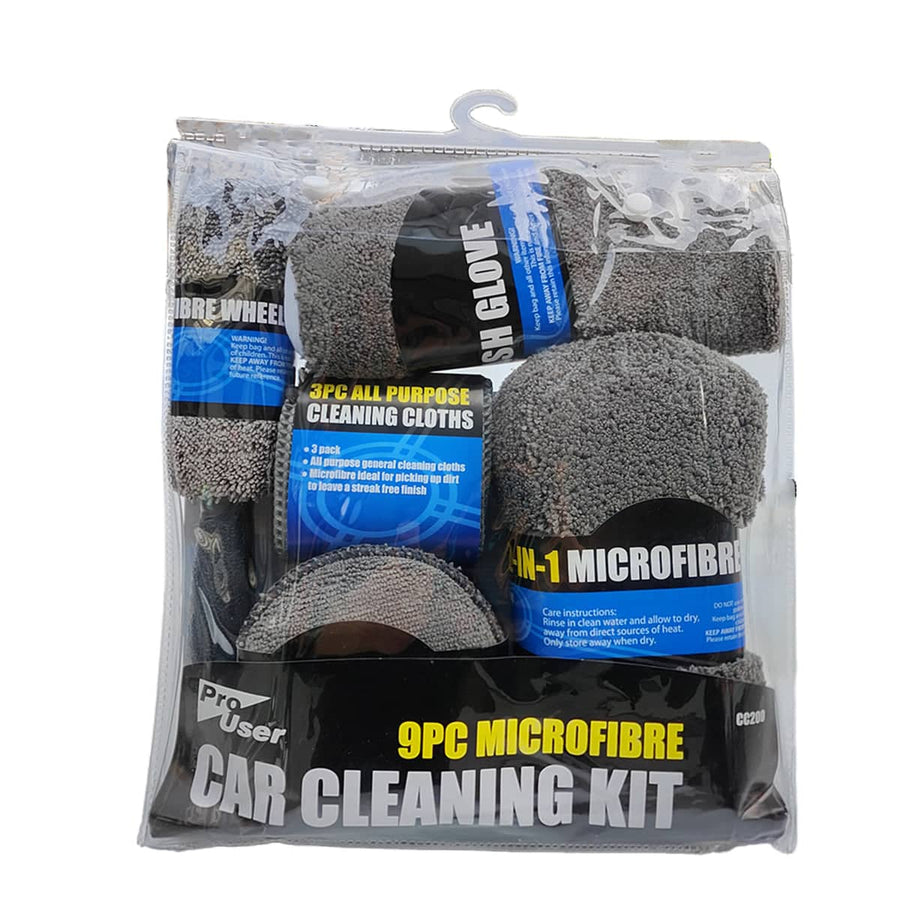 9 Piece Microfibre Car Cleaning Kit with Wash Mitt, Sponge and Brush - Grey