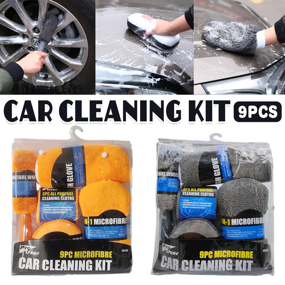 9 Piece Microfibre Car Cleaning Kit with Wash Mitt, Sponge and Brush - Grey - view 2