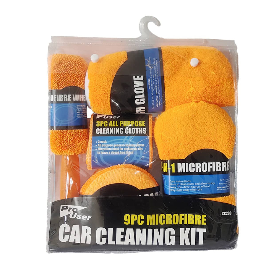 9 Piece Microfibre Car Cleaning Kit with Wash Mitt, Sponge and Brush - Orange