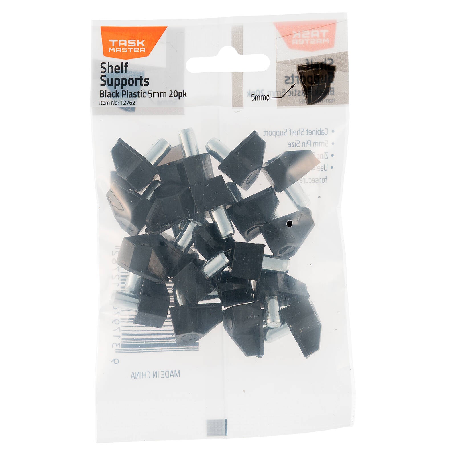 Taskmaster 5mm Pin Black Plastic Shelf Support 20 Pack