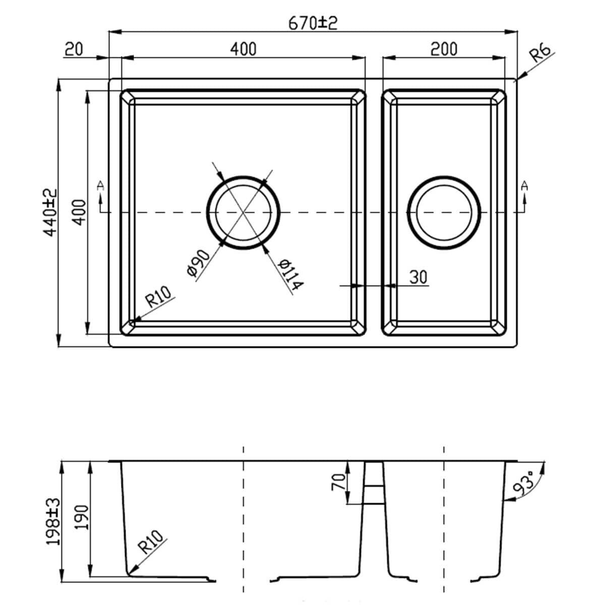 ACL Cora 1 and 1/2 Bowl Undermount Sink - 304 Grade Stainless Steel, Double Drainer - PR670ND