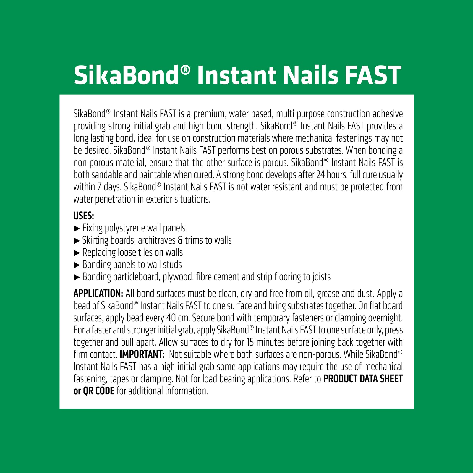Sika SikaBond Instant Nails Fast Construction Adhesive 430g, White Solvent Based