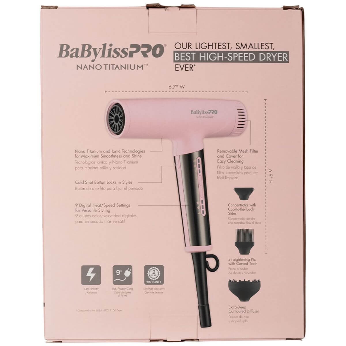 BaBylissPRO Nano Titanium Light ionic high-speed hair dryer - 1400W digital motor, pink blush - 900215