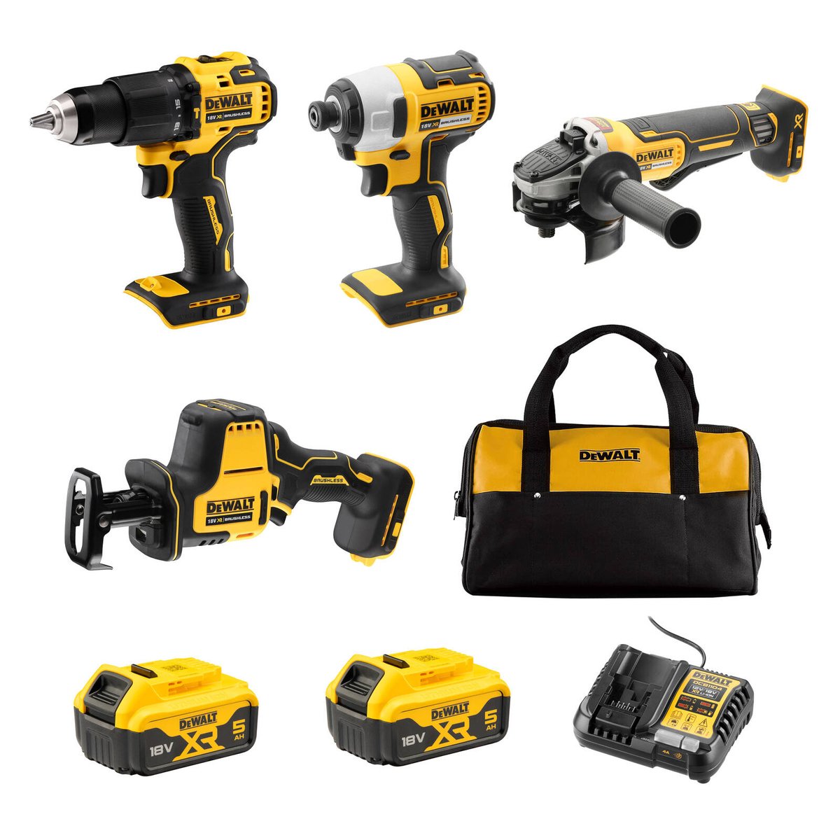 Dewalt 18V XR Hammer Drill Driver Combo Kit - 4 Piece - 5.0Ah Batteries