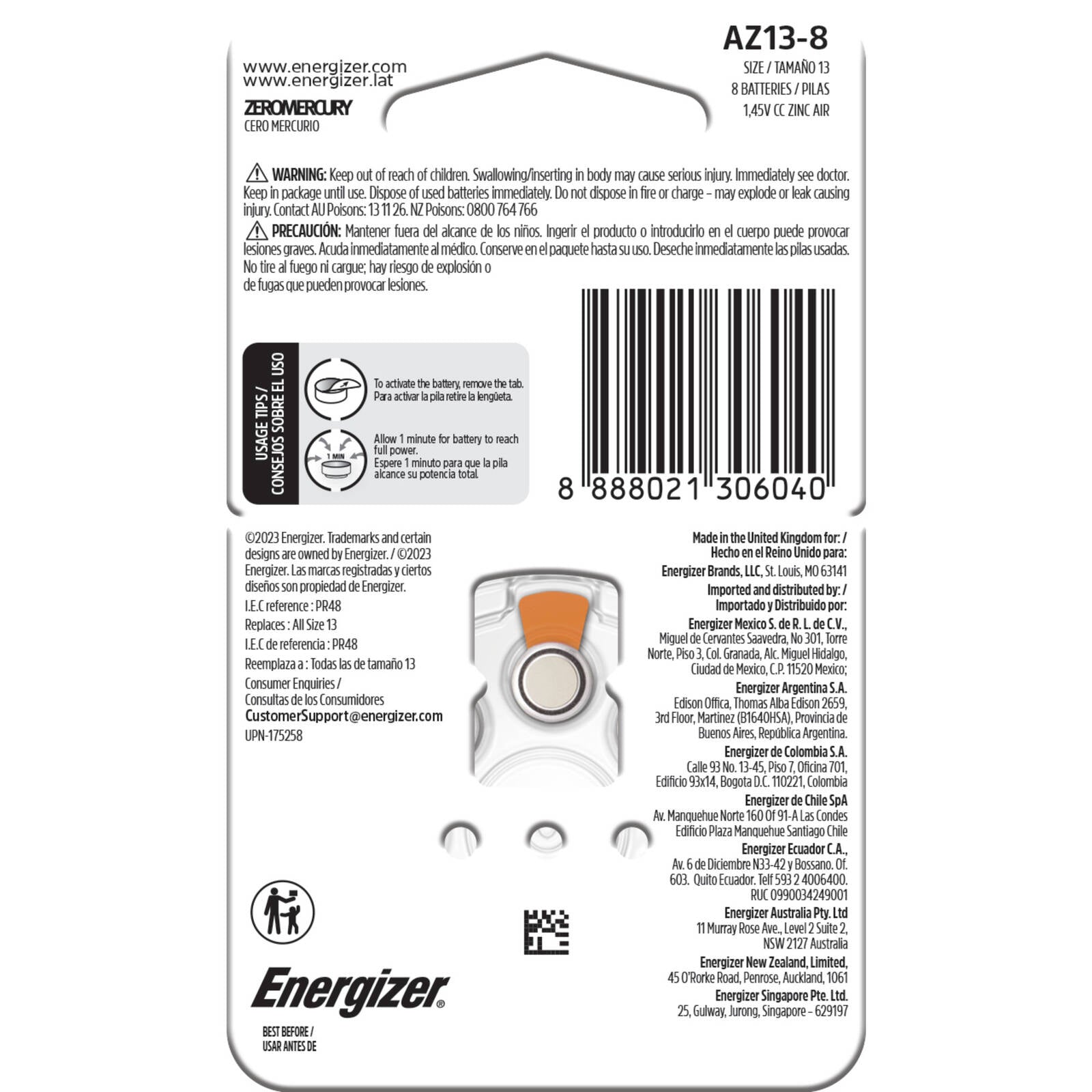 Energizer AZ13 Size 13 Hearing Aid Batteries 8 Pack