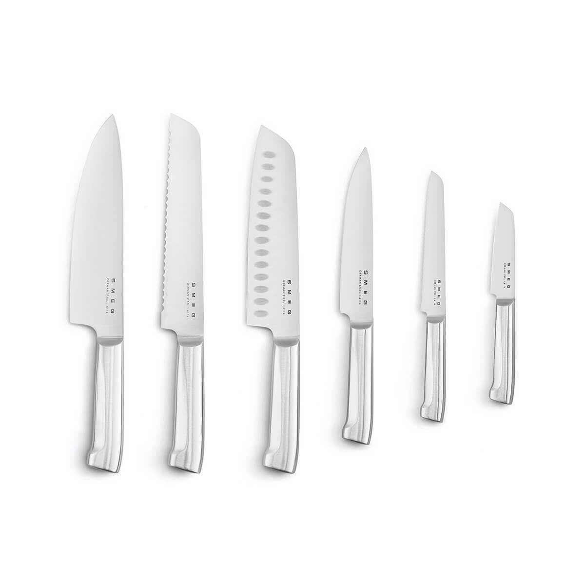 Smeg 50s Retro Style 6 Piece Knife Block Set - White with Acacia Wood Top - KBSF02WH