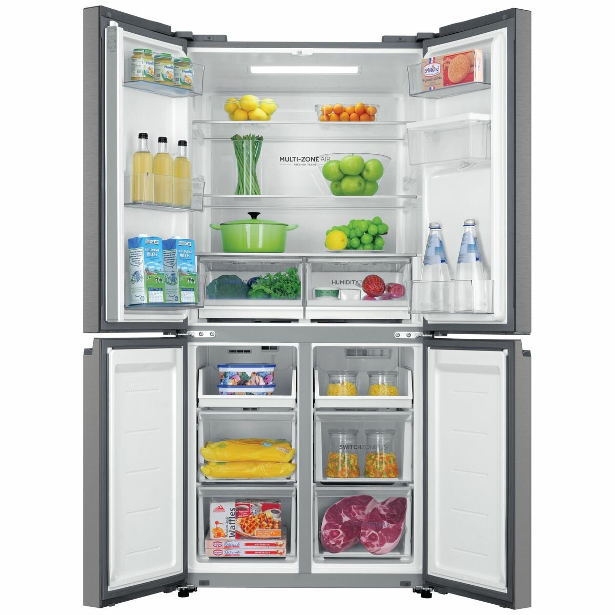 Haier 508L Quad Door Fridge - Satina Silver - Non-Plumbed Water Dispenser - SwitchZone - HRF580YHS