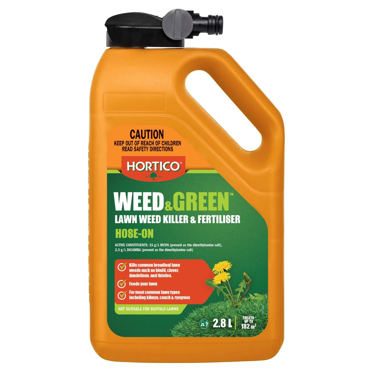Hortico 2.8L Weed & Green Hose-On Lawn Fertiliser, Ready to Use, Kills Common Weeds
