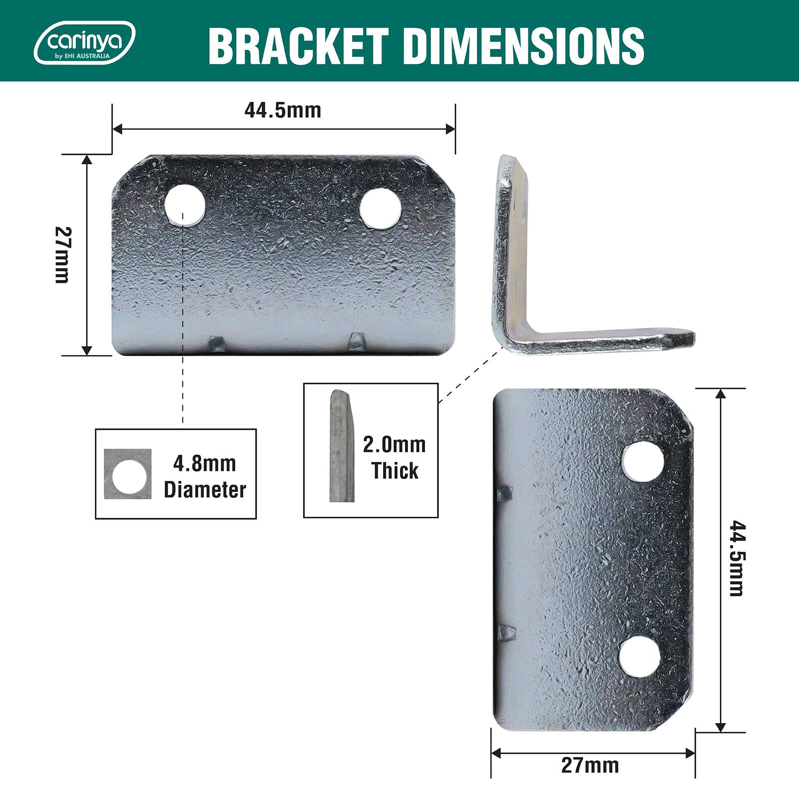 Carinya 44.5 x 27 x 27 x 2mm Zinc Plated Steel Reinforcing Angle Bracket - 4 Pack