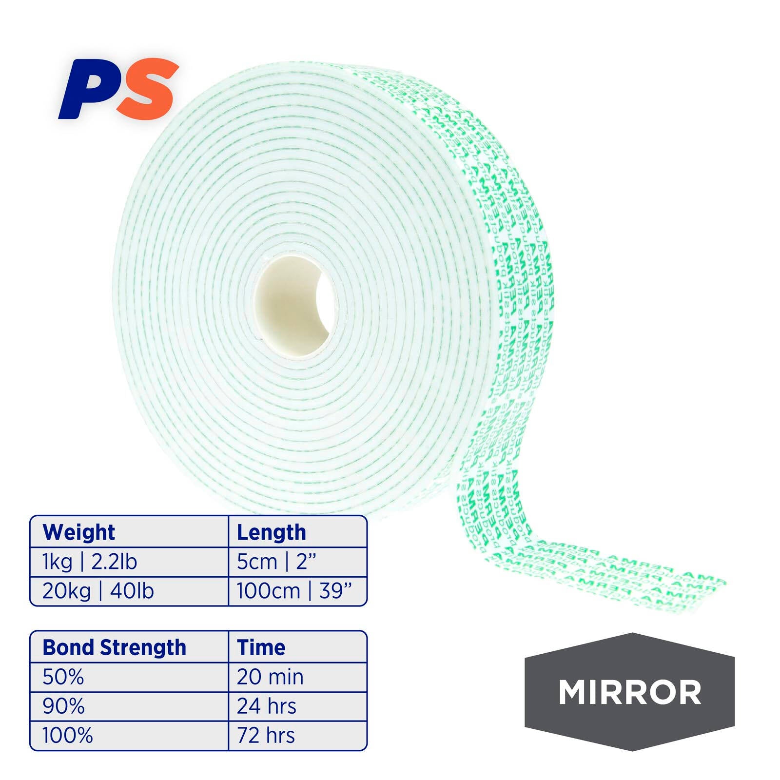 Permastik 32mm x 5m Mirror Mounting Tape - White Double-Sided Foam, Indoor