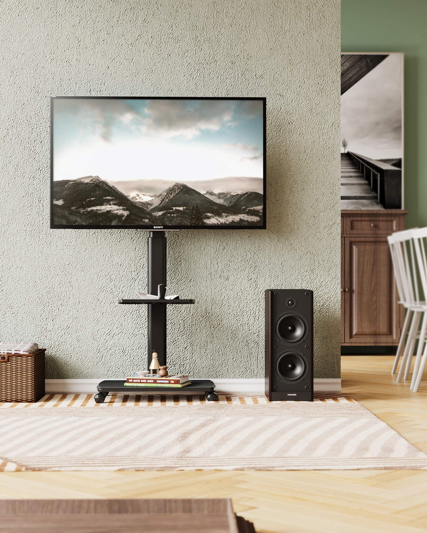Universal Rolling TV Cart for 32-70 Inch TVs - Black - 2 Shelf Trolley, Height Adjustable, Swivel, Max VESA 600x400