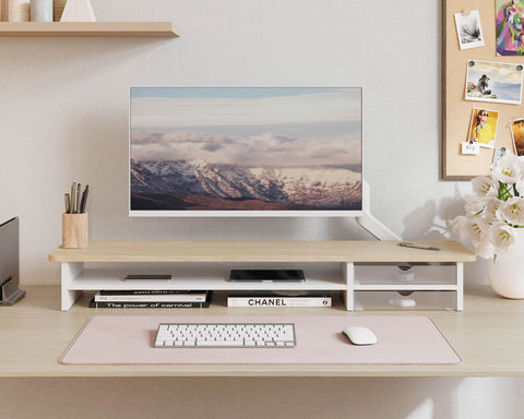 Dual Monitor Riser with Drawers 42.5 Inch - Oak - 2 Tier Desktop Organiser, 15mm Wood Panel, Holds 45kg