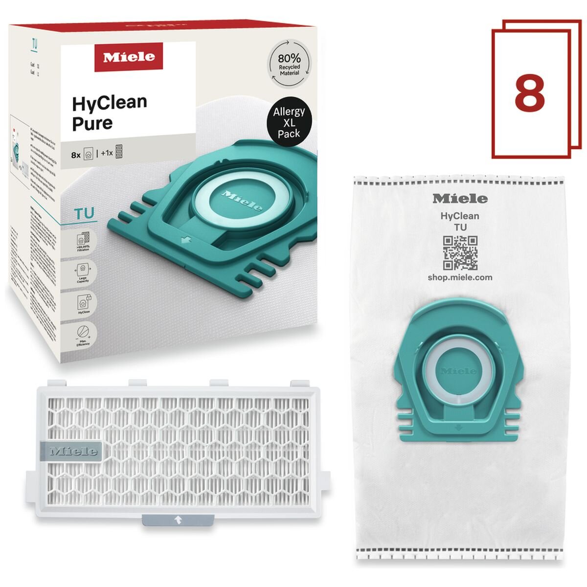 Miele TU HyClean Pure allergy XL dustbags for Guard S1 and L1 - pack of 8 plus HEPA filter - 12694920