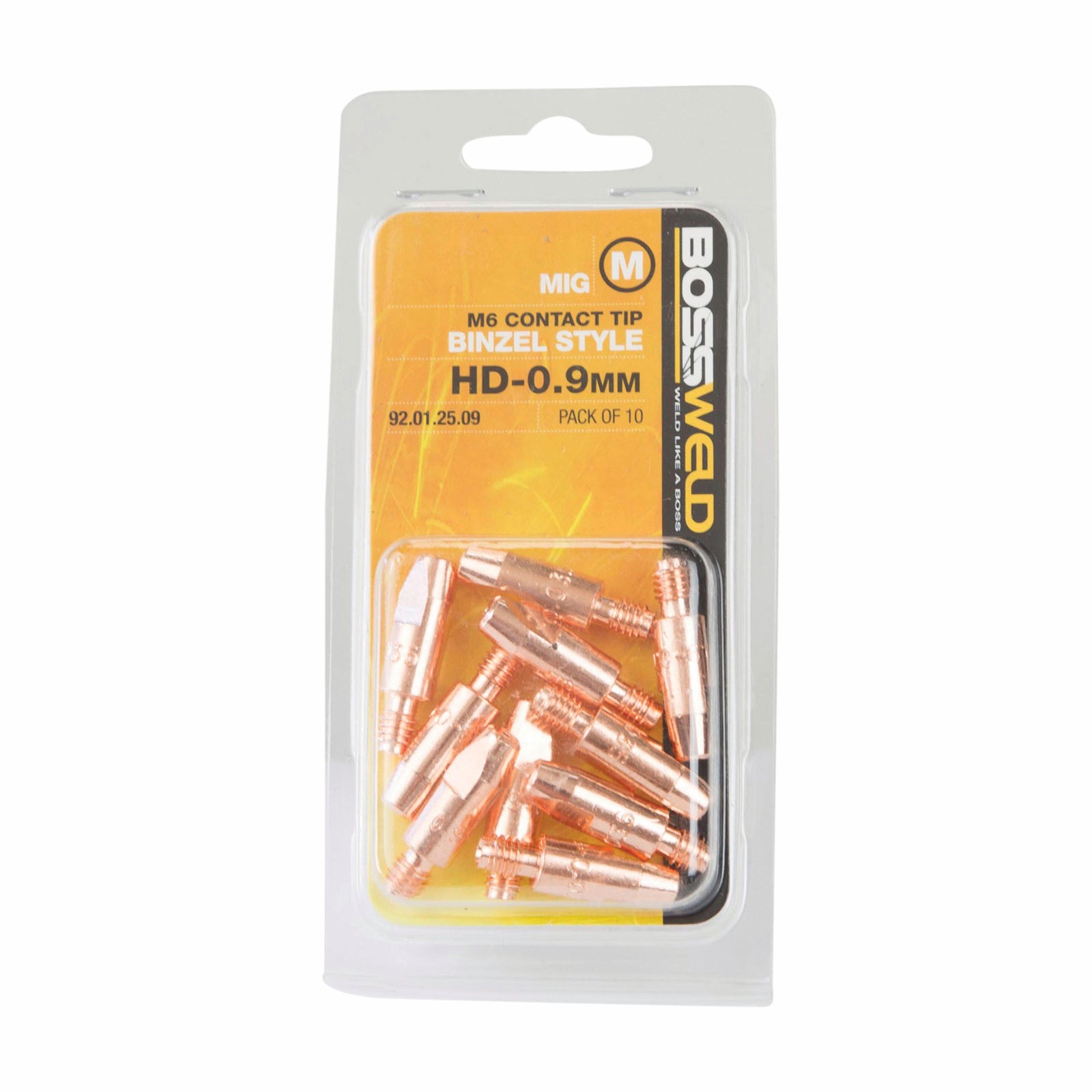 Bossweld 0.9mm M6 Heavy Duty Contact Tip Binzel Style 28mm 10 Pack