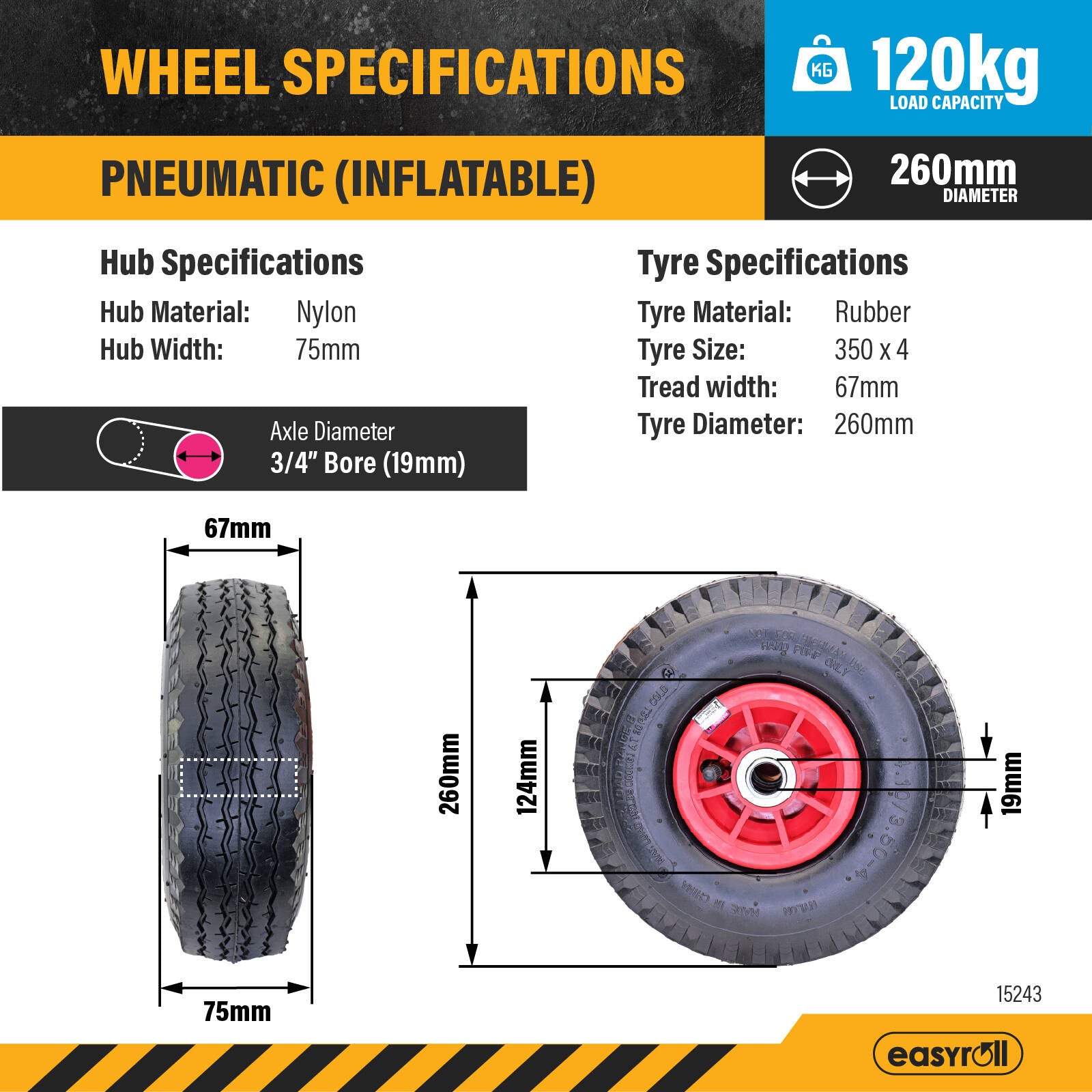 Easyroll 3.5 x 4 inch Pneumatic Rubber Wheel 3/4 inch Axle 120kg