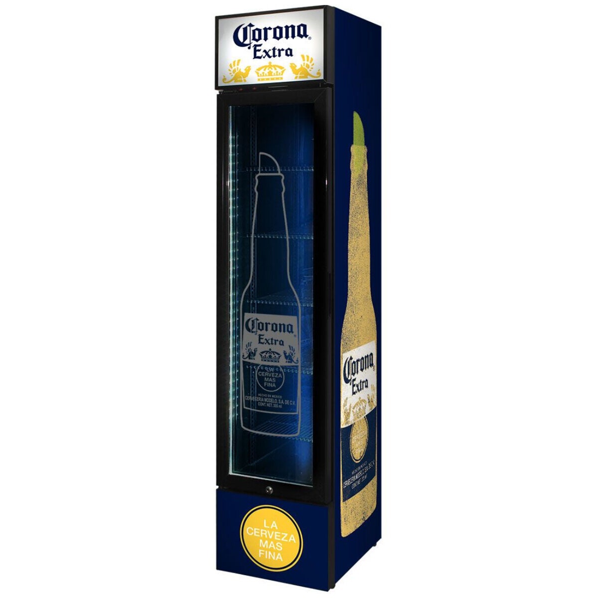 Schmick 160L Corona Beer Licensed Skinny Upright Bar Fridge - 9 Star, Lockable - SS-P160-CORONA