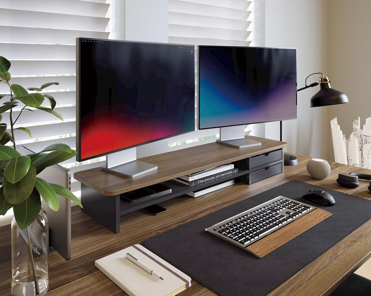 Dual Monitor Riser with Drawers 42.5 Inch - Brown - 2 Tier Desktop Organiser, 15mm Wood Panel, Holds 45kg