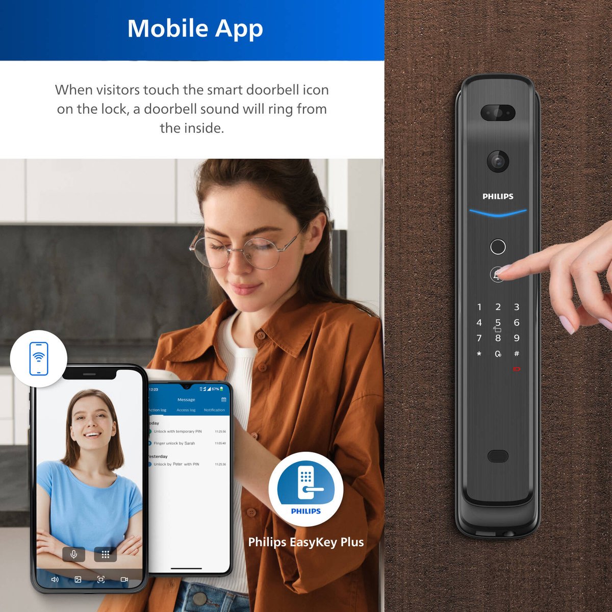 Philips Easykey Smart Mortise Door Lock - 3D Facial Recognition - Black - 80mm x 420mm