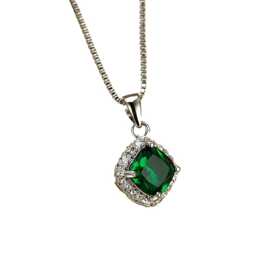 925 Sterling Silver Square Cubic Zirconia Pendant Necklace - Green