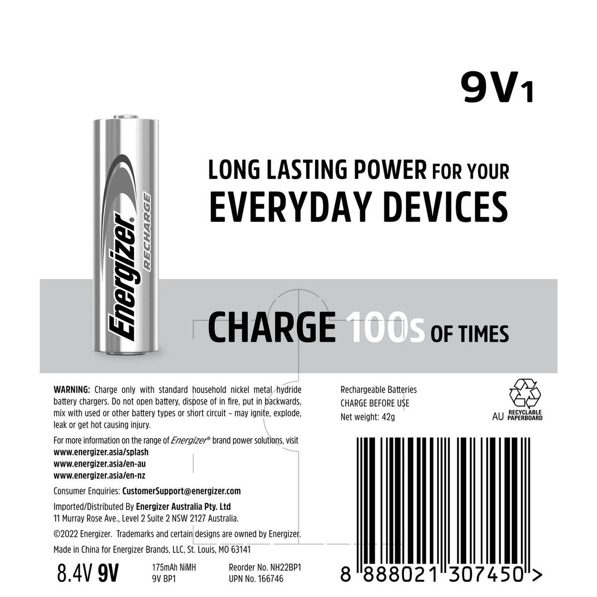 Energizer Recharge 9V Battery - 1 Pack - 95.6mm x 228.7mm - Reliable Power - SuperSaverAU - view 2