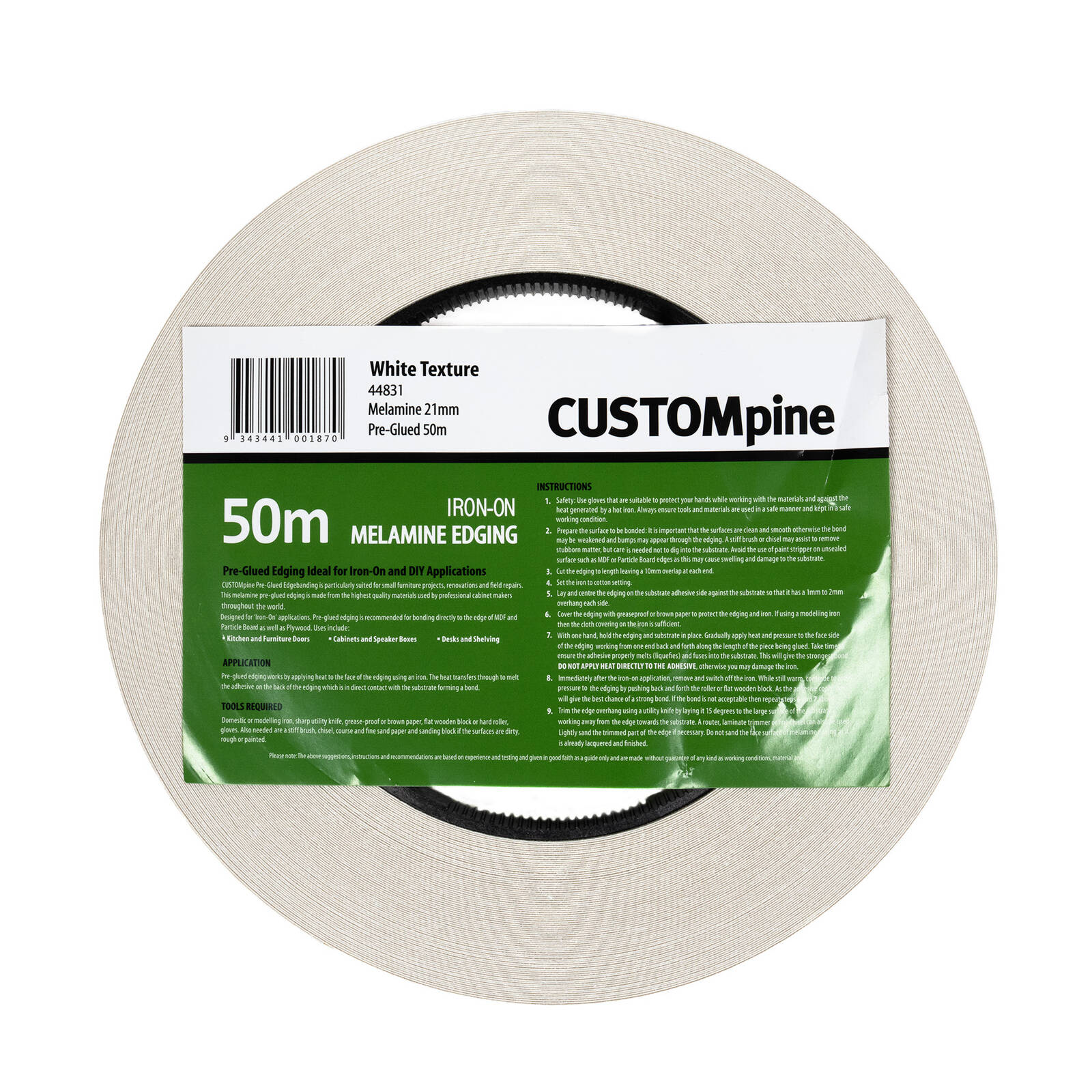 CUSTOMpine 21mm x 50m White Iron On Preglued Melamine Edgetape