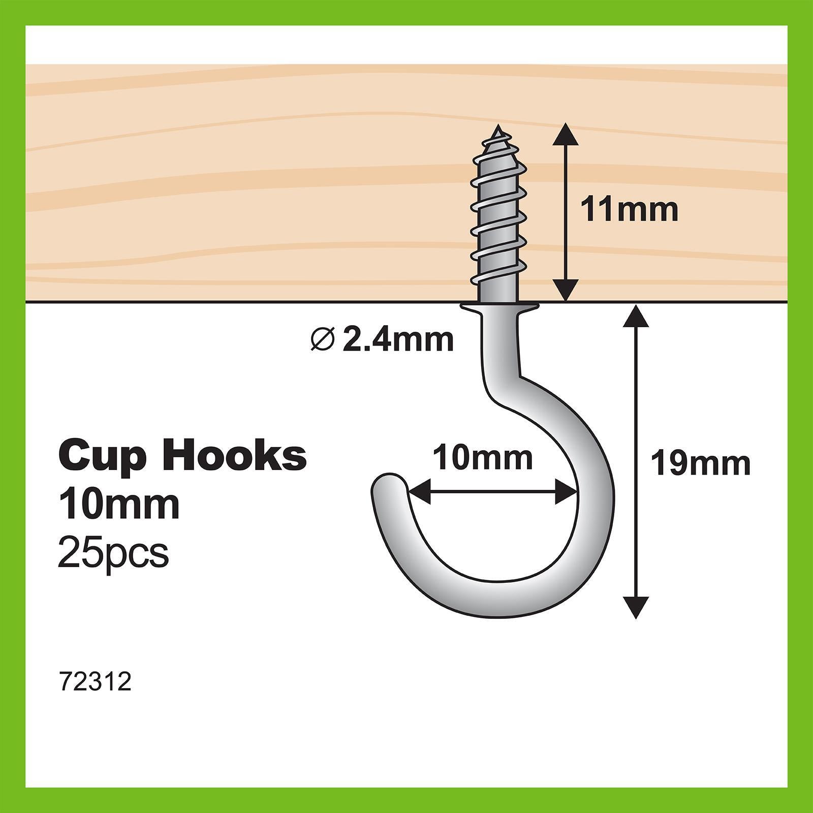 Everhang 10mm Zinc Plated Steel Cup Hooks - 25 Pack