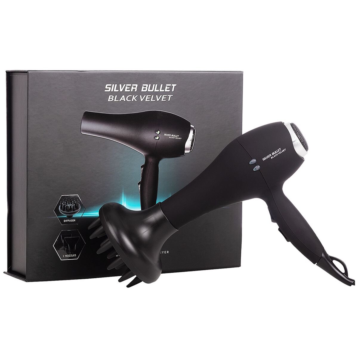 Silver Bullet Black Velvet hair dryer 2000W - long-life motor, three heat settings, diffuser - 900469