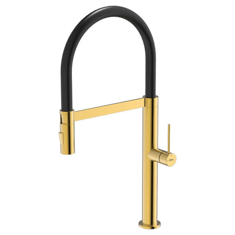 Abey 304 Chef pull out kitchen mixer tap - dual spray, Eureka gold finish, 5 star rating - KTA019-G