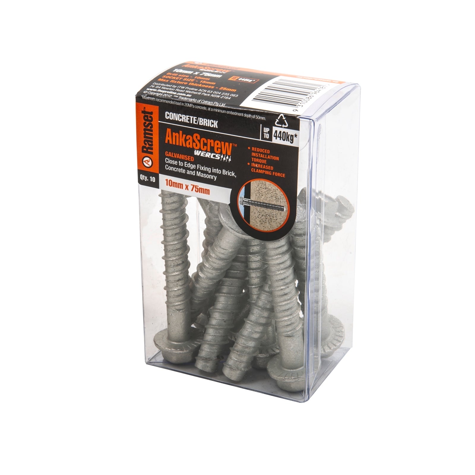 Ramset AnkaScrew 10 x 75mm Galvanised Masonry Anchor - Flanged Hex Screw-In - 10 Pack