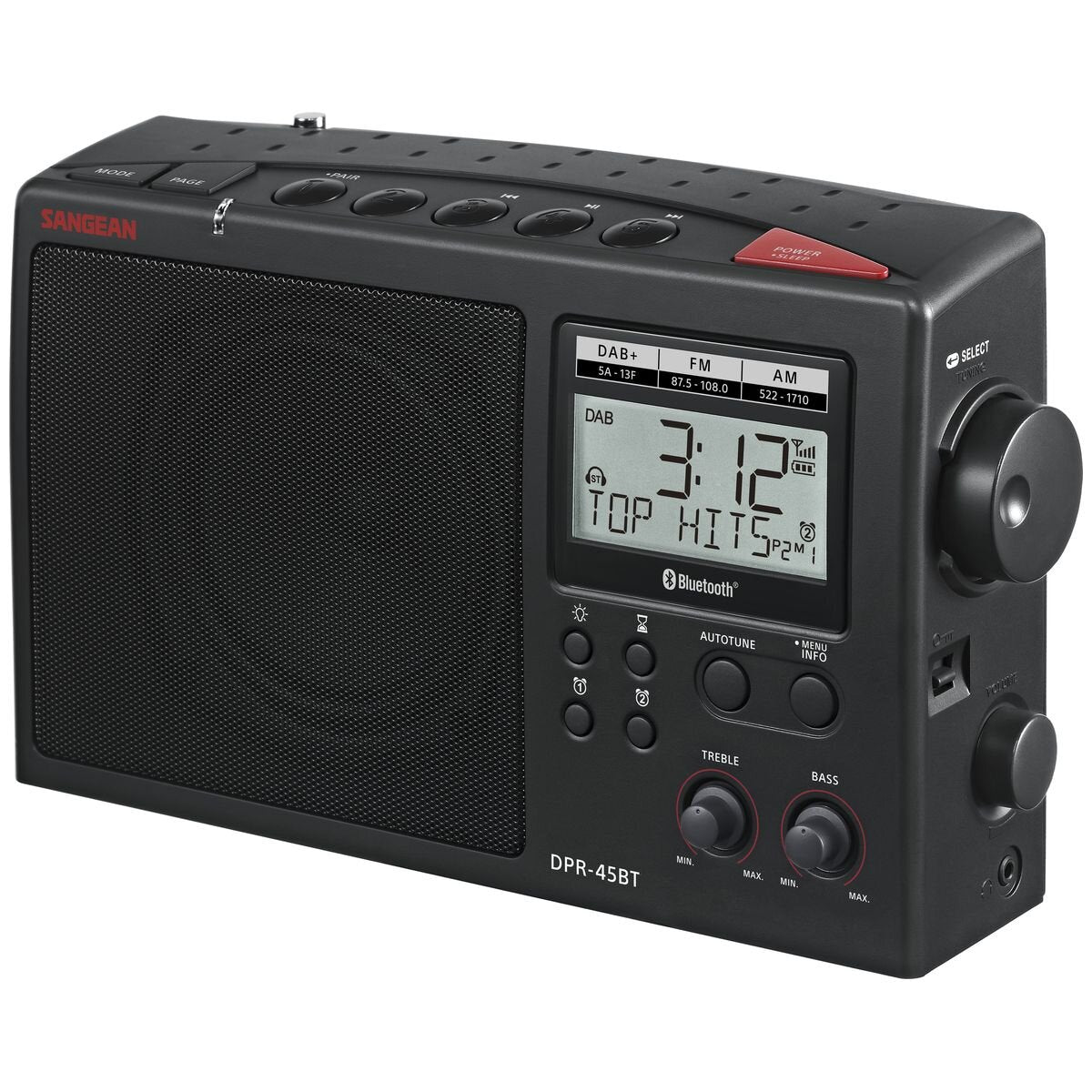 Sangean DAB+ AM/FM-RDS Bluetooth Digital Radio - 60 Presets, Large LCD, Dual Alarms, Black - DPR45BT
