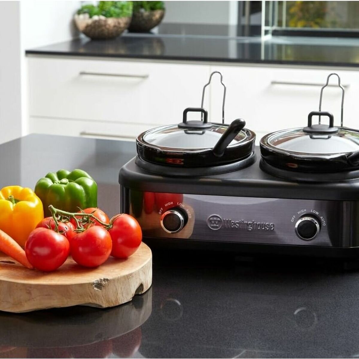 Westinghouse Slow Cooker with 2 x 2.5L Ceramic Pots - Black Stainless Steel, High/Low/Auto - WHSC06KS