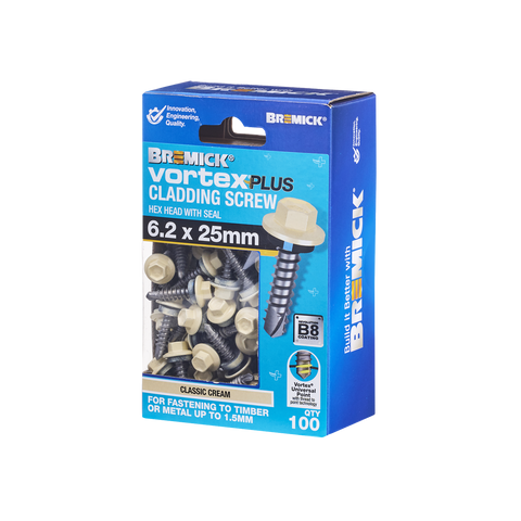 Bremick Vortex Plus Cladding Screw 6 2 x 25mm - Hex B8 - Box of 100 - Watertight - SuperSaverAU - view 1