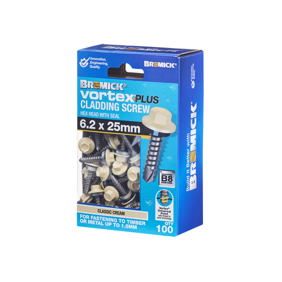 Bremick Vortex Plus Cladding Screw 6 2 x 25mm - Hex B8 - Box of 100 - Watertight - SuperSaverAU - view 1