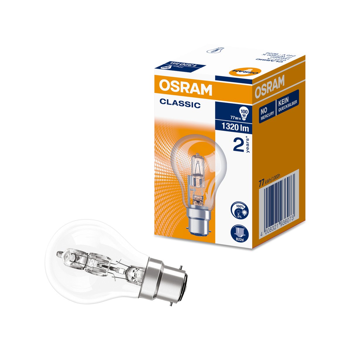 Osram Halogen Light Globe B22 77W Glass Warm White 1320 Lumens - SuperSaverAU - view 1