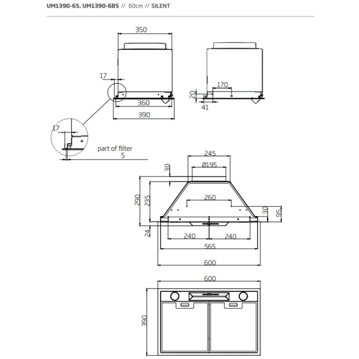 Schweigen 60cm Matte Black Undermount Rangehood - IsoDrive ST Motor, 900m³/h, 57W - UM1390-6BSTPAK