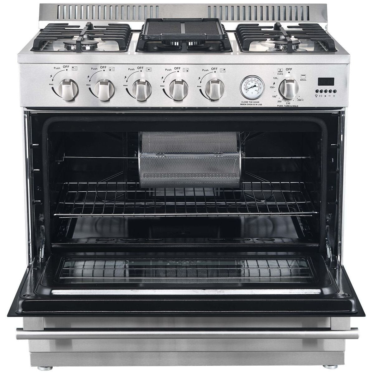 Trinity 90cm Natural Gas Freestanding Oven 132L - Stainless Steel, Air Fry, Rotisserie, Wok Burner - TRFSGO901