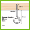 Everhang 26 x 6.2mm Steel Round Screw Hook 6 Pack Zinc Plated