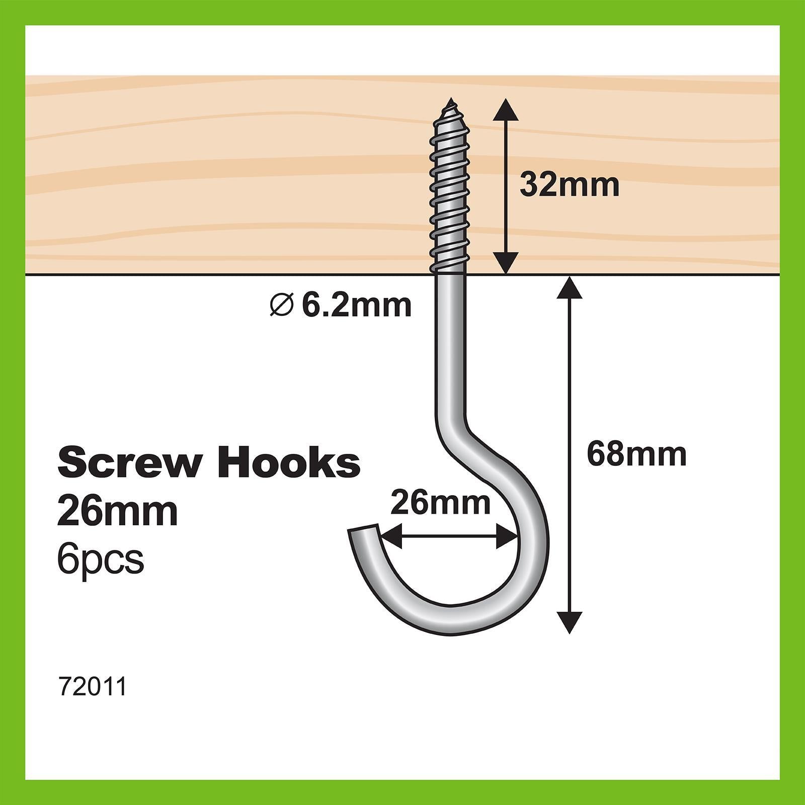 Everhang 26 x 6.2mm Steel Round Screw Hook 6 Pack Zinc Plated